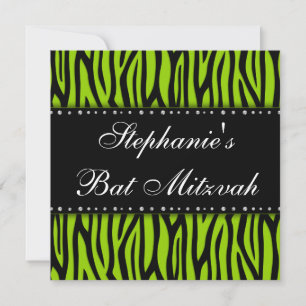 Lime Green Zebra Printed Diamonds Bat Mitzvah Invitation