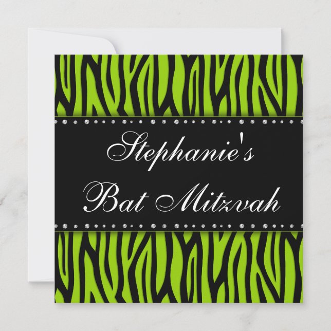 Lime Green Zebra Printed Diamonds Bat Mitzvah Invitation (Front)