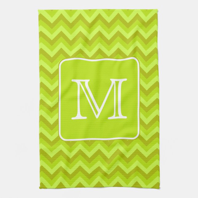 Lime Green Zigzags with Custom Monogram. Tea Towel (Vertical)