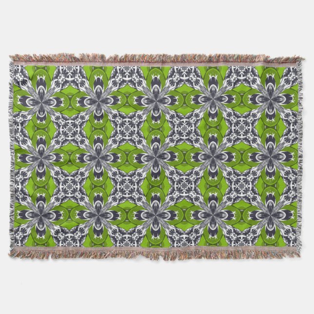 Lime Grey and White Repeat Tile Pattern Throw Blanket (Front)