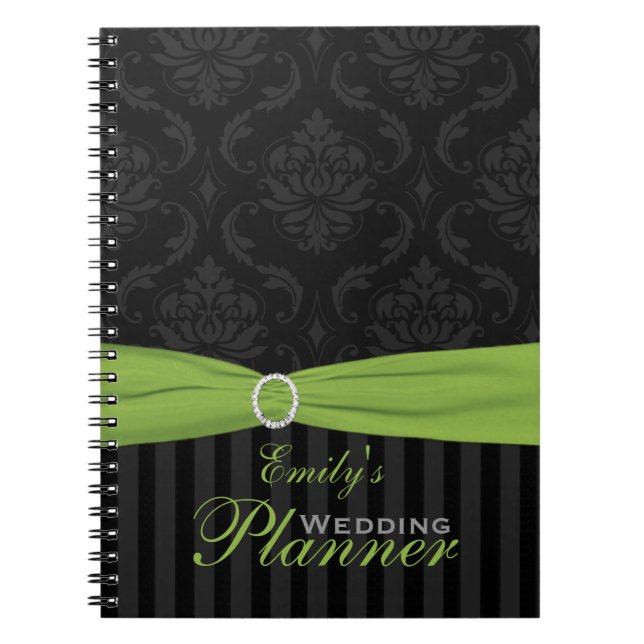 Lime, Grey, Black Damask Striped Notebook (Front)