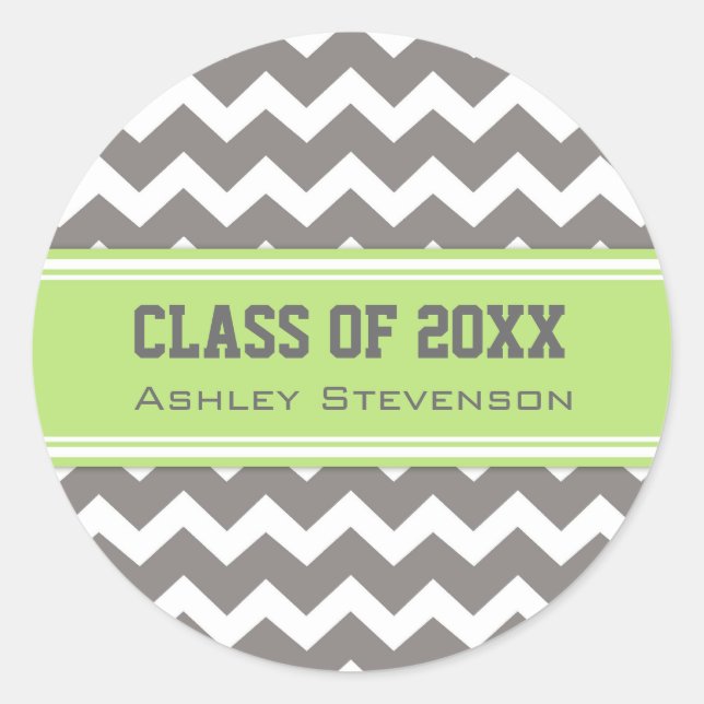 Lime Grey Chevrons Graduation Custom Name Classic Round Sticker (Front)