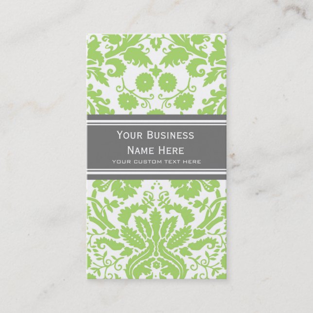 Lime Grey Damask Floral Business Cards (Front)