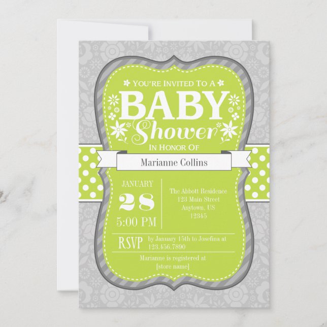 LIme Grey Floral Flower Baby Shower Invitation (Front)