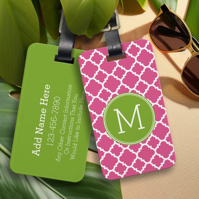Lime Hot Pink Quatrefoil Pattern Custom Monogram Luggage Tag (Custom Monogram Luggage Tag)