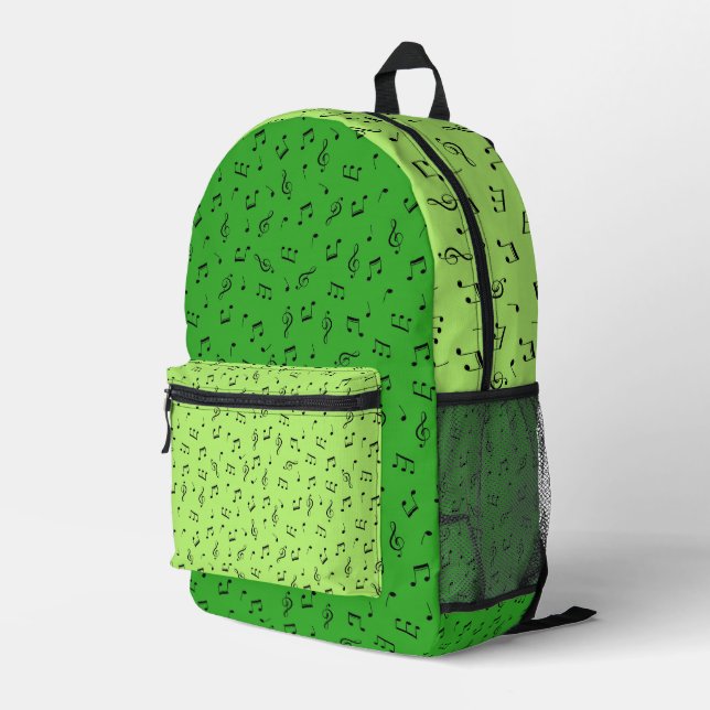 LIME & KELLY GREEN WITH TINY BLACK MUSICAL NOTES PRINTED BACKPACK (Back Corner Right)
