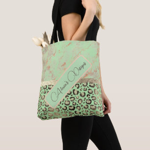 Lime Marble Glittery Leopard Personalised Tote Bag