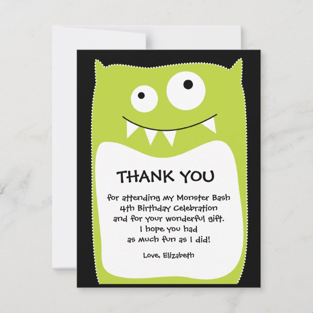 Lime Monster Bash Thank You Card (Flat) (Front)