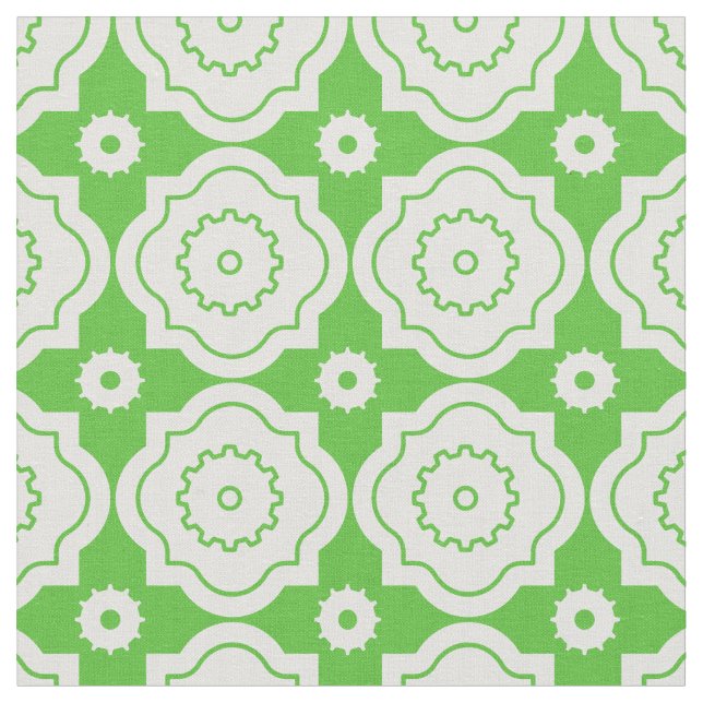Lime Moroccan Lattice - Quatrefoil Gears Pattern Fabric (Close Up)