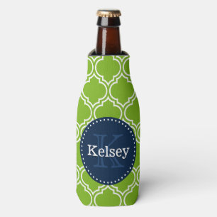 Lime Moroccan Tile Pattern Navy Monogram Bottle Cooler