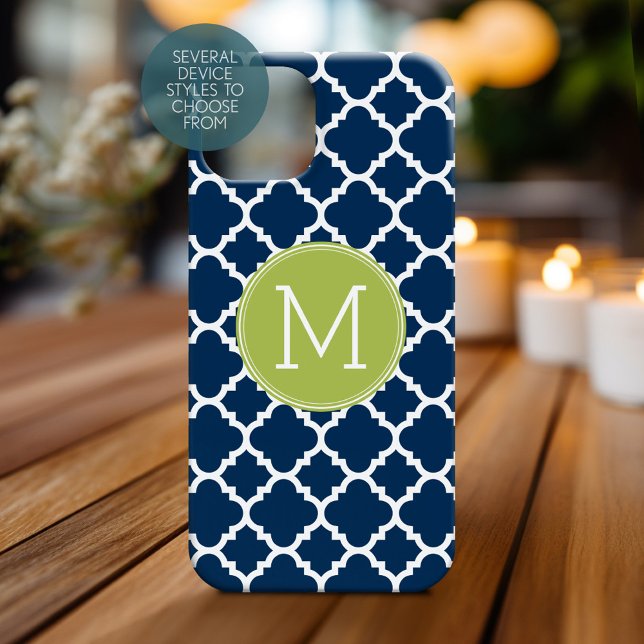 Lime & Navy Geometric Pattern Custom Monogram Case-Mate iPhone Case (Personalized Phone Case with Monogram)
