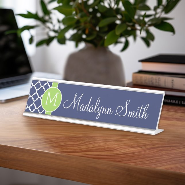 Lime & Navy Geometric Pattern Custom Monogram Desk Name Plate (Personalized Desk Sign with Name and Title - Custom Executive Name Plate)