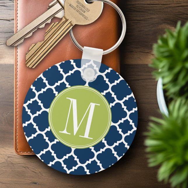 Lime & Navy Geometric Pattern Custom Monogram Key Ring (Personalized Keychain - Add Name or Monogram)