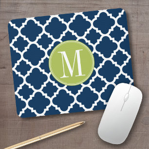 Lime & Navy Geometric Pattern Custom Monogram Mouse Pad