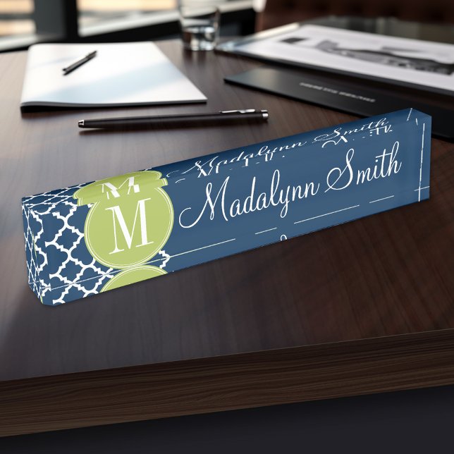 Lime & Navy Geometric Pattern Custom Monogram Nameplate (Personalized Name Plate for the Office, School or Home)