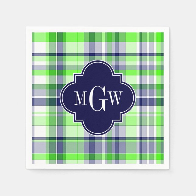 Lime, Navy, Wht Preppy Madras Quatrefoil Monogram Napkin (Front)
