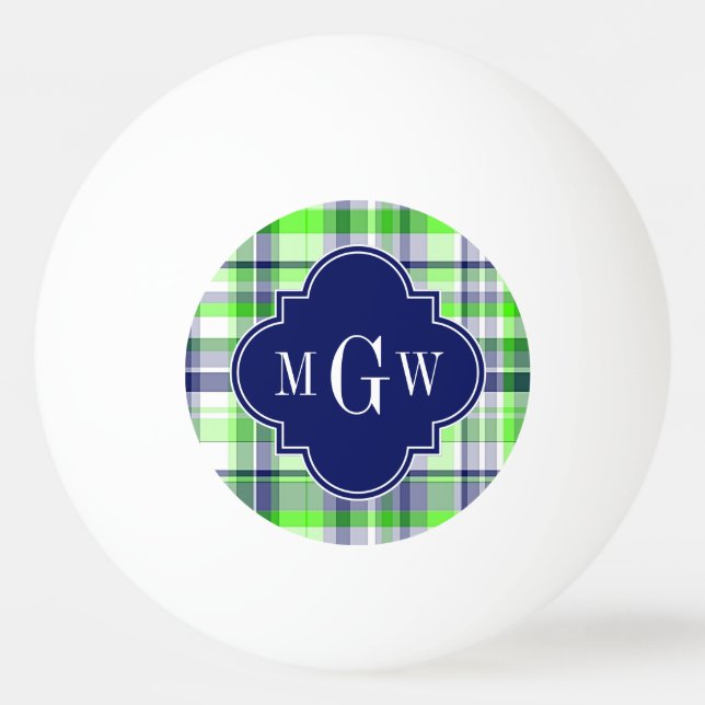 Lime, Navy, Wht Preppy Madras Quatrefoil Monogram Ping Pong Ball (Front)