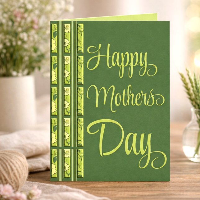 Lime & Olive Green Flowers And Stripes Mothers Day Card (Bold text filled with lime green flowers, vines and leaves, with a stripped border on one side.)