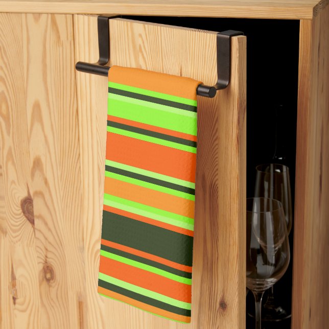 Lime, Orange, & Tangerine Striped Kitchen Towel (Thirds Fold)