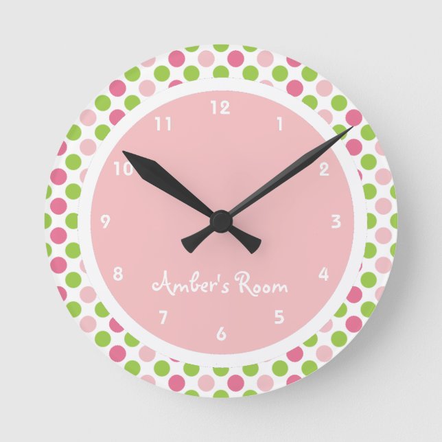 Lime & Pink Polka Dot Kid's Bedroom Round Clock (Front)