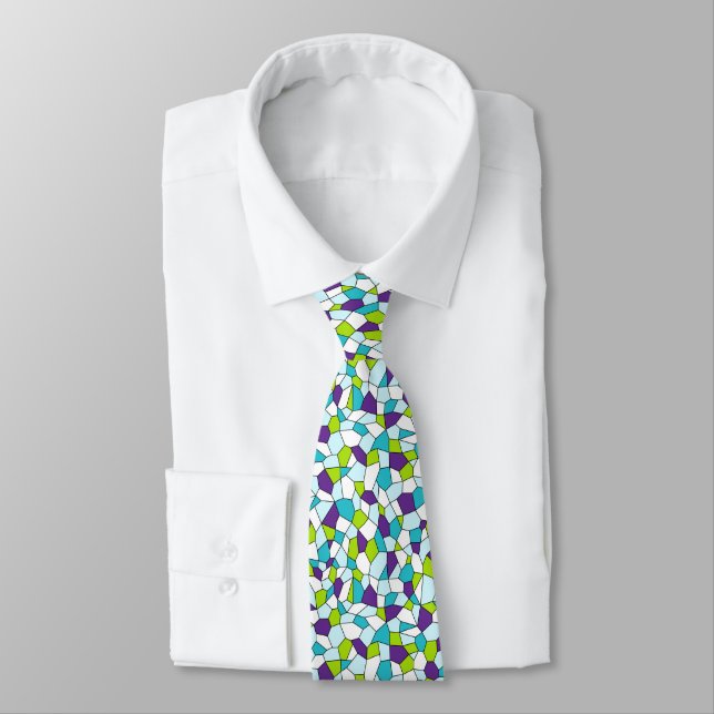 Lime, Purple, Aqua, Blue, White Mosaic Necktie (Tied)