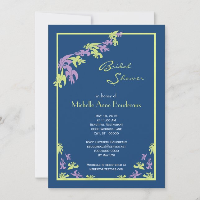 Lime Purple Blue Fleur de Lis Modern Bridal Shower Invitation (Front)