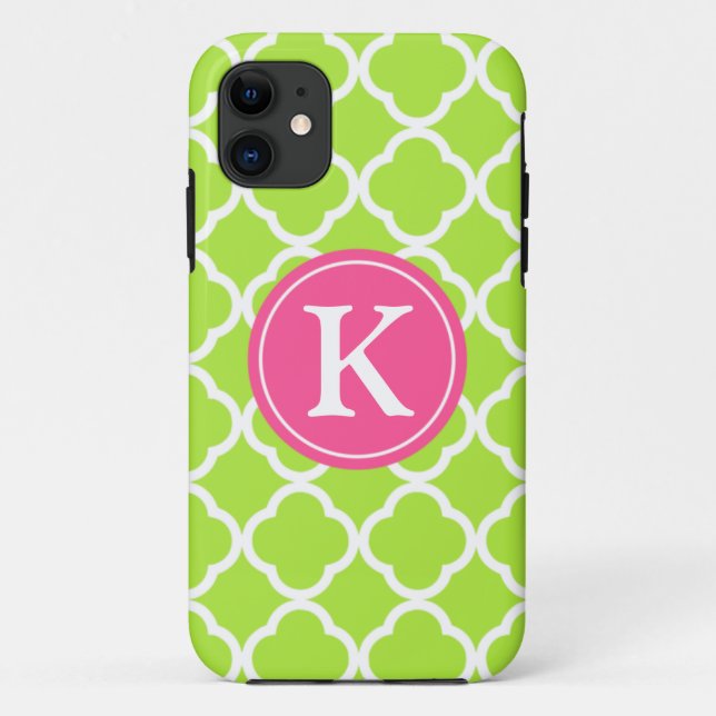 Lime Quatrefoil Pink Monogram Case-Mate iPhone Case (Back)