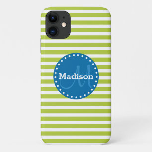 Lime Stripes Blue Monogram iPhone 11 Case