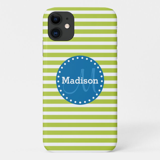 Lime Stripes Blue Monogram Case-Mate iPhone Case (Back)