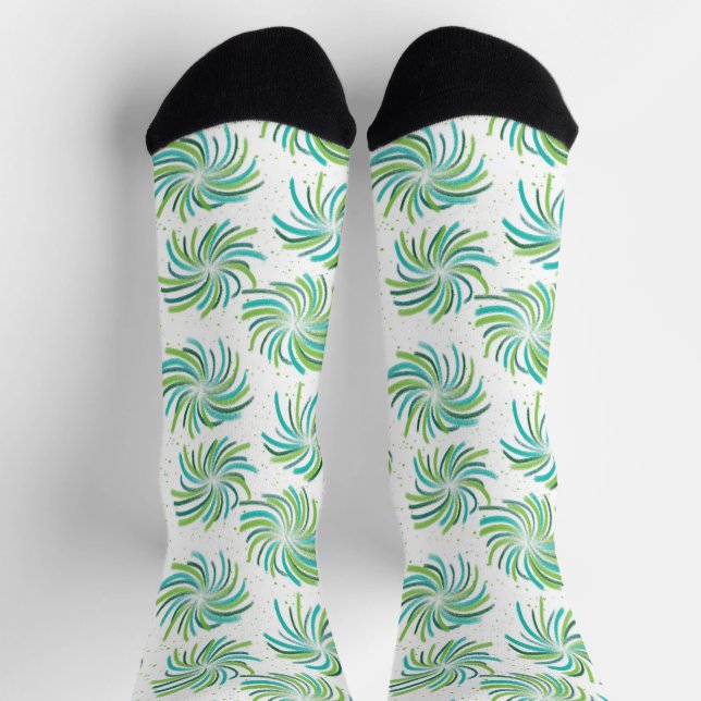 Lime, Turquoise, Green Swirls on White Socks (Top)