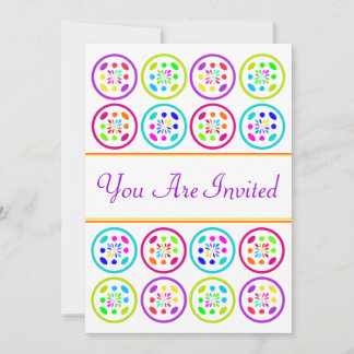 lime, turquoise, lilac and rose circle patterns invitation