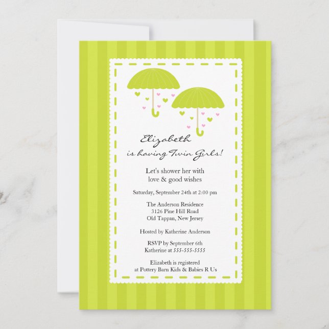Lime Umbrella Twins Baby Shower Invitation (Front)