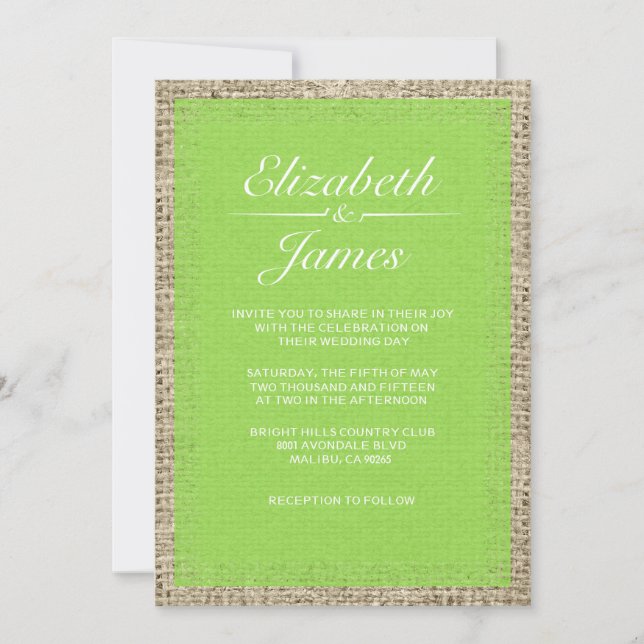 Lime Vintage Burlap Wedding Invitations (Front)