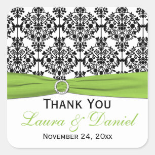 Lime, White, Black Damask Wedding Favour Sticker