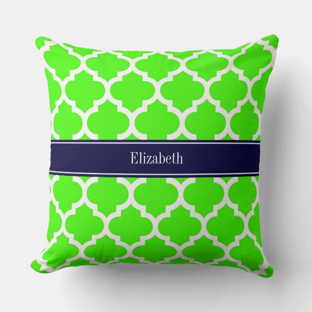 Lime White Moroccan #5 Navy Blue Name Monogram Cushion (Front)
