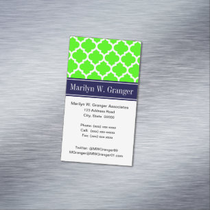 Lime White Moroccan #5 Navy Blue Name Monogram Magnetic Business Card