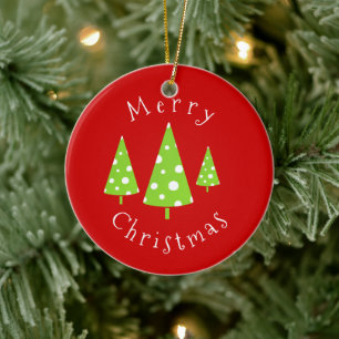 Lime White Polka Dots Christmas Trees Ceramic Ornament