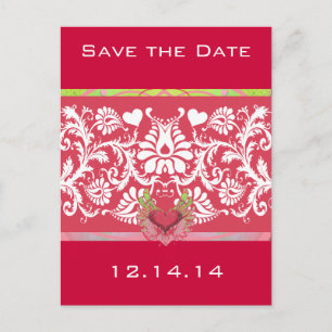 Lime Winged Hearts White Damask On Deep Raspberry Announcement Postcard