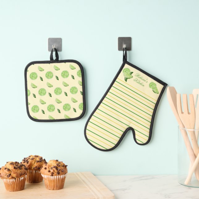 Limes and Green and Yellow Stripes Oven Mitt & Pot Holder Set (Insitu(Hanging))