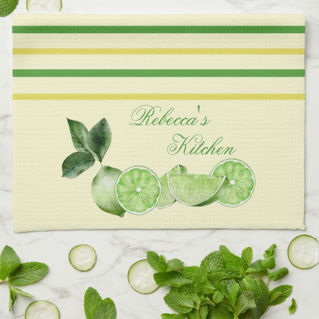 Limes and Yellow & Green Stripes Personalised Tea Towel (Folded)