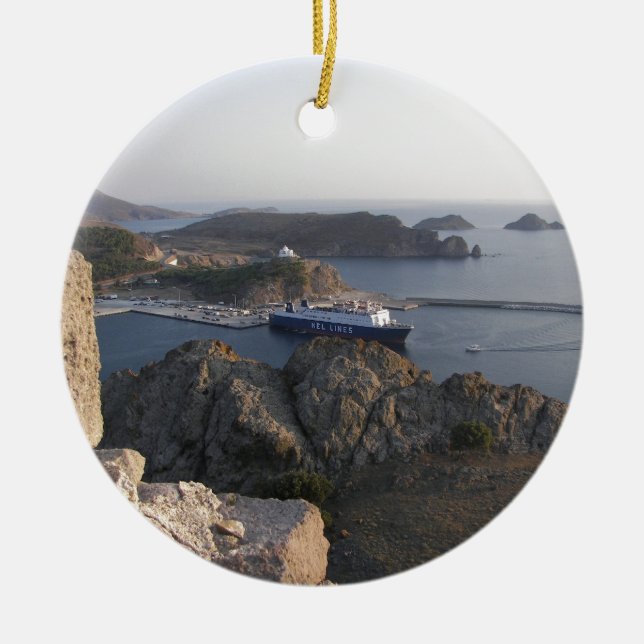 Limnos Ferry From The Hill Ceramic Ornament (Front)