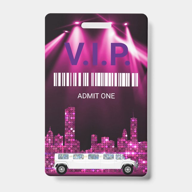 Limo Pass Party Pass, VIP, Invitation, glitter ID Badge (Front)