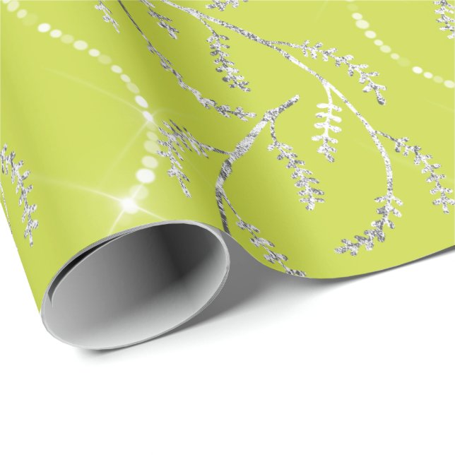 Limon Yellow Spark Laurel Floral Silver Diamonds Wrapping Paper (Roll Corner)