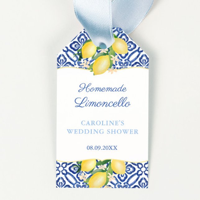 Limoncello Amalfi Lemons Wedding Shower Favour Tag (Amalfi lemons with blue tiles Limoncello bridal shower favor tag design)