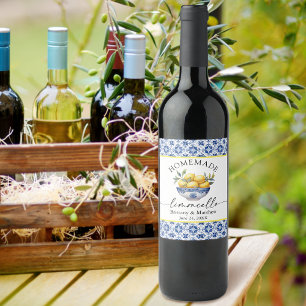 Limoncello Calligraphy Watercolor Lemon Blue Tiles Wine Label