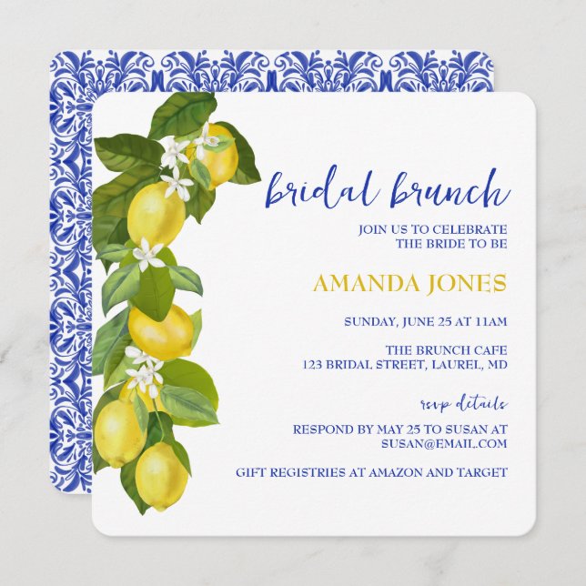 Limone I Italian Lemon & Blue Tile Shower Invite (Front/Back)