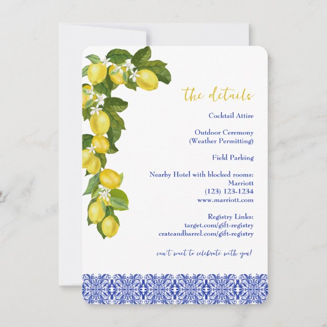 Limone I Italian Lemon & Blue Tile Wedding Details Invitation (Front)