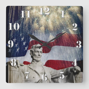 Lincoln and Fireworks Square Wall Clock