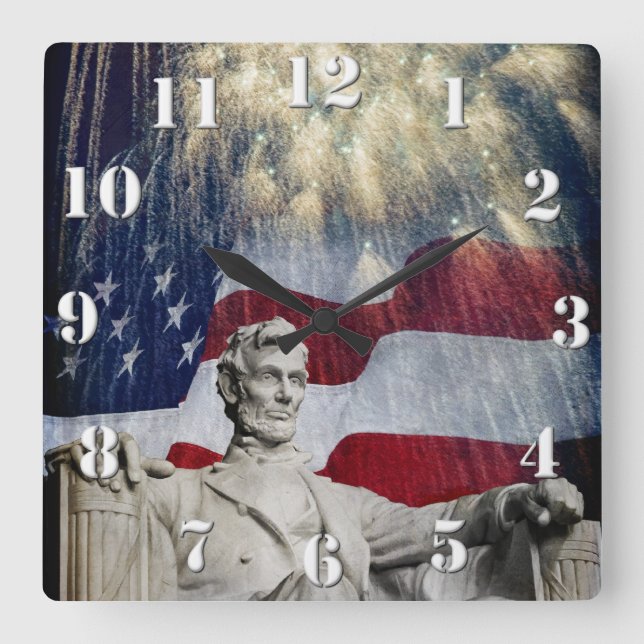 Lincoln and Fireworks Square Wall Clock (Front)