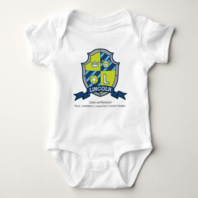 Lincoln boys name meaning letter L bear crest Baby Bodysuit (Front)